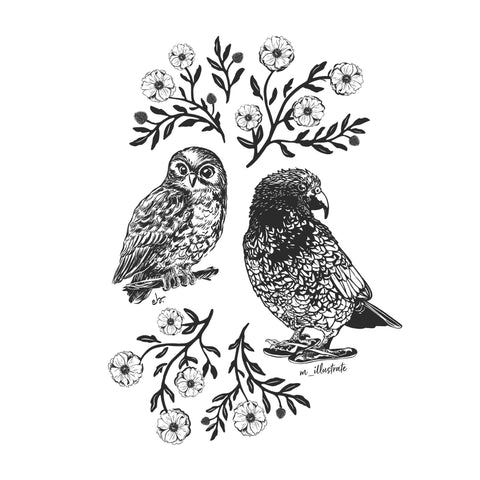 Kea Bird And Ruru Owl Botanical tee - doodlewear