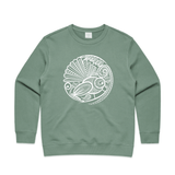 doodlewear Fantail Lace Premium Crew womens NZ bird sweater sage by artist Anna Mollekin