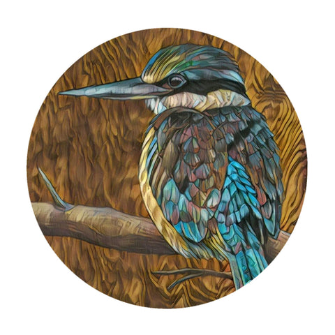 'Kotare on Timber' art print by New Zealand artist John Jepson is a circle colour art print of a Kotare New Zealand kingfisher