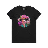 Frida Kahlo tshirts 'Flower Power Frida' Maple Womens Black by artist Anna Mollekin and Adeliens Art