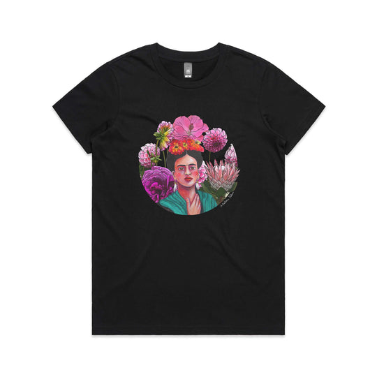 Frida Kahlo tshirts 'Flower Power Frida' Maple Womens Black by artist Anna Mollekin and Adeliens Art