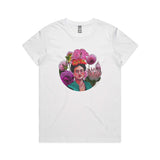 Frida Kahlo tshirts 'Flower Power Frida' Maple Womens White by artist Anna Mollekin and Adeliens Art