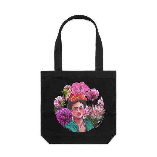 Frida Kahlo tote bag Black 'Flower Power Frida' by artist Anna Mollekin and Adeliens Art