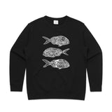 doodlewear 'Ornate Trio Of Snapper' art print Women's Black Fish Sweatshirt by Contemporary New Zealand Artist