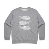 doodlewear 'Ornate Trio Of Snapper' art print Women's Grey Marle Fish Sweatshirt by Contemporary New Zealand Artist