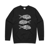 doodlewear 'Ornate Trio Of Snapper' art print Men's Black Fish Sweatshirt by Contemporary New Zealand Artist