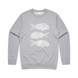 doodlewear 'Ornate Trio Of Snapper' art print Men's Grey Marle Fish Sweatshirt by Contemporary New Zealand Artist