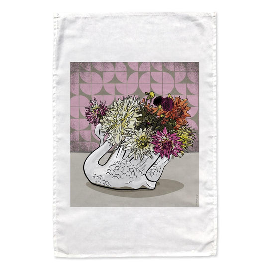 White cotton tea towel featuring 'Crowned Dahlia' digitally drawn artwork of a dahlia flowers in an iconic white New Zealand Crown Lynn Swan vase by NZ Artist Anna Mollekin