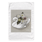 White cotton tea towel featuring 'Crowned Gerbera' digitally drawn artwork of a bouquet with Gerbera flowers in an iconic white New Zealand White Crown Lynn Swan by NZ Artist Anna Mollekin