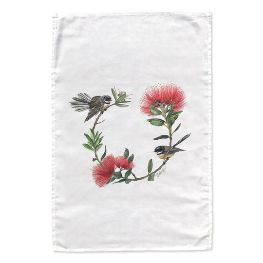 Circular Fantail Pohutukawa tea towel