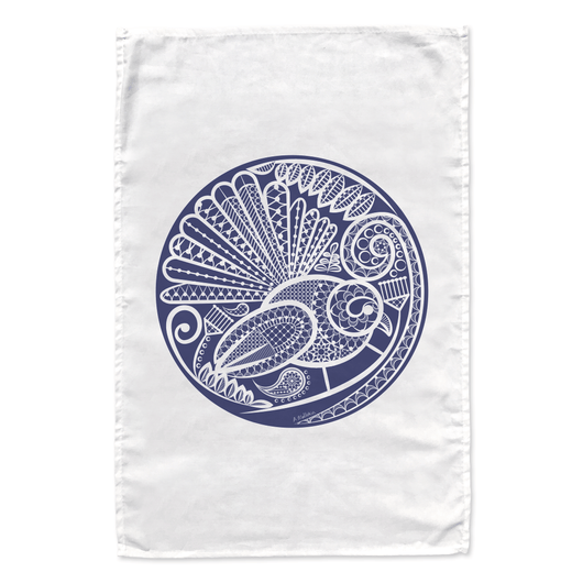 Quality 100% cotton large NZ bird tea towel  featuring open edition 'Fantail's Lace' artwork by Contemporary New Zealand artist Anna Mollekin. 
