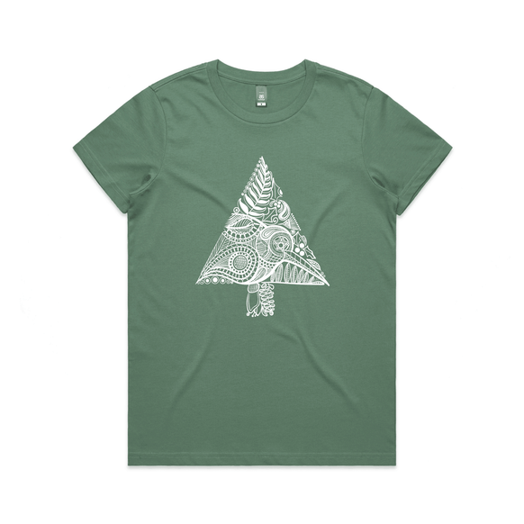 Oh Kiwi Tree kiwi Christmas t shirt Womens Maple Sage by artist Anna Mollekin