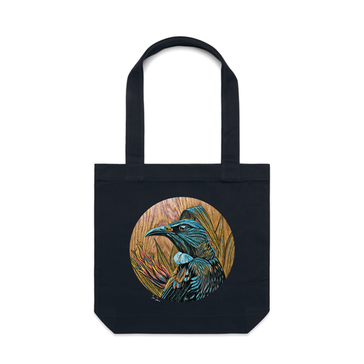 Tui in Flax on Timber artwork tote bag