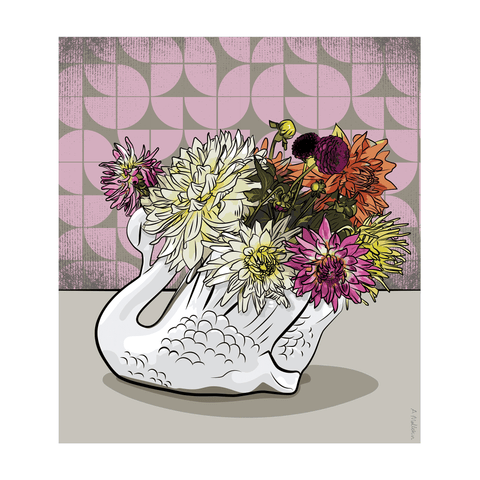 art print 'Crowned Dahlia' digitally drawn artwork of a dahlia flowers in an iconic white New Zealand Crown Lynn Swan vase by NZ Artist Anna Mollekin