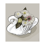 Art print of 'Crowned Gerbera' digitally drawn artwork of a bouquet with Gerbera flowers in an iconic New Zealand White Crown Lynn Swan vase by NZ Artist Anna Mollekin