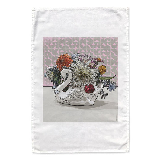 doodlewear Flourishing Grace Crown Lynn swan vase 100% Cotton White Tea Towel by artist Anna Mollekin