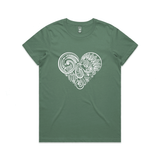 doodlewear Tui's Lace heart kiwiana tshirt AS Colour Womens Maple Sage by artist Anna Mollekin