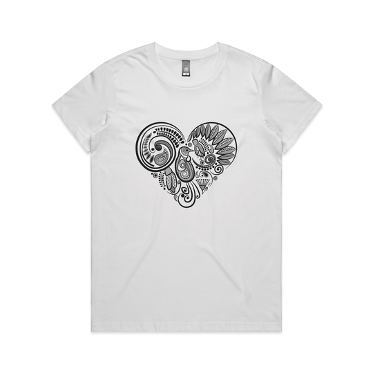 doodlewear Tui's Lace heart kiwiana tshirt AS Colour Womens Maple White by artist Anna Mollekin