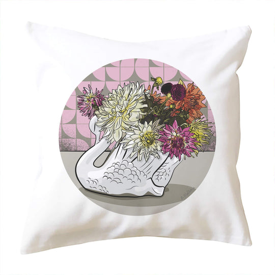 doodlewear Crowned Dahlia art print Crown Lynn white swan 100% cotton cushion covers by Contemporary New Zealand artist Anna Mollekin