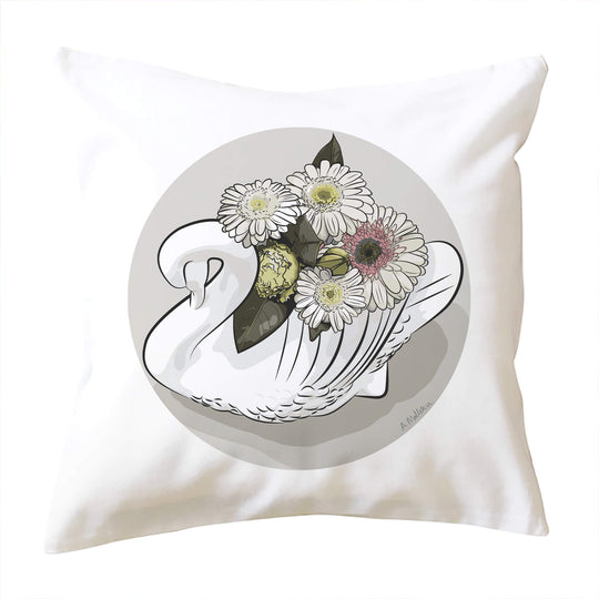 doodlewear Crowned Gerbera art print Crown Lynn swan 100% cotton cushion covers by Contemporary New Zealand artist Anna Mollekin