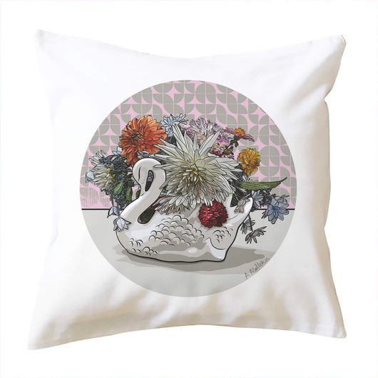 doodlewear Flourishing Grace 100% cotton Crown Lynn Swan cushion covers by Contemporary New Zealand artist  Anna Mollekin