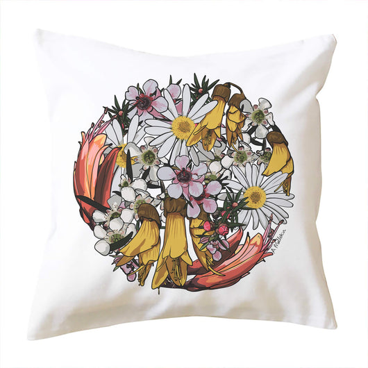 doodlewear My Sunshine 100% Cotton White NZ floral print cushion covers by Contemporary New Zealand artist Anna Mollekin