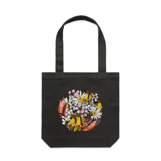 doodlewear My Sunshine 100% cotton canvas NZ floral tote bags coal by Contemporary New Zealand artist Anna Mollekin.