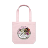 doodlewear Crowned Dahlia art print premium Crown Lynn swan 100% cotton canvas tote bags pink by Contemporary New Zealand artist Anna Mollekin