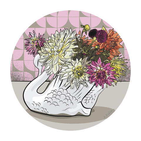 doodlewear Crowned Dahlia art print Crown Lynn white swan 100% cotton cushion covers artwork by Contemporary New Zealand artist Anna Mollekin