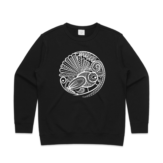 doodlewear Fantail Lace Premium Crew womens NZ bird sweater black by artist Anna Mollekin