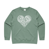 doodlewear Tui's Lace Heart NZ bird sweatshirt AS Colour Womens Sage by artist Anna Mollekin