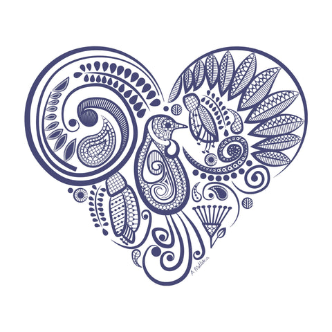 doodlewear Tui's Lace Heart art print Tui NZ native bird cushion covers artwork by Contemporary New Zealand artist Anna Mollekin