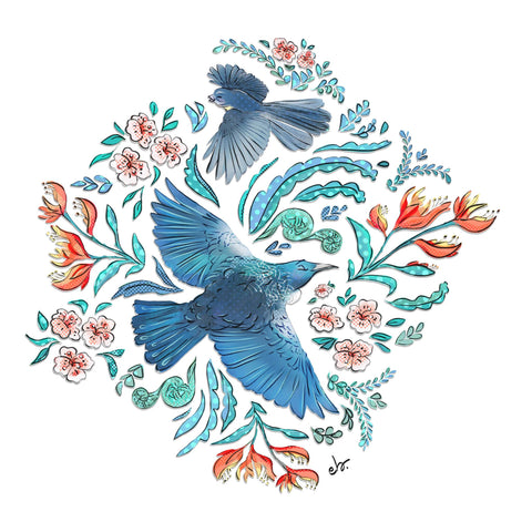 Maxi Flora Folk & New Zealand Native Birds tee - doodlewear