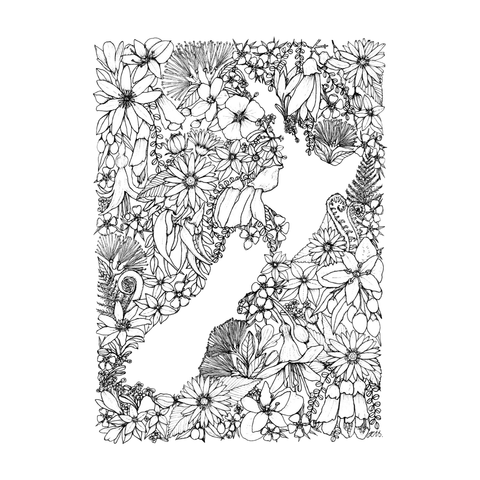 doodlewear NZ artist Little Wildflower Creative Sea of Flowers Art Print NZ Map in black ink
