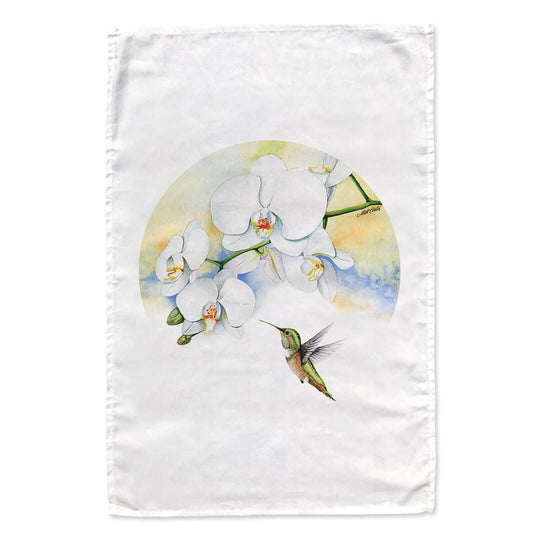 doodlewear Spring Is Humming art print white cotton tea towel with orchid and humming bird by Matt Coates
