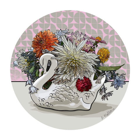 doodlewear Flourishing Grace 100% cotton Crown Lynn Swan cushion covers artwork by Contemporary New Zealand artist Anna Mollekin