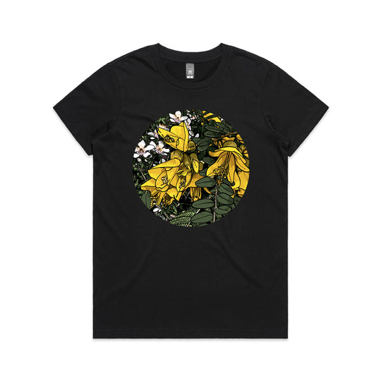 doodlewear ode to the flowers Maple Womens black NZ flower print t shirt by artist Anna Mollekin