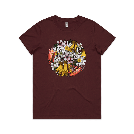 doodlewear My Sunshine flower print t shirt AS Colour Womens Maple burgundy by artist Anna Mollekin