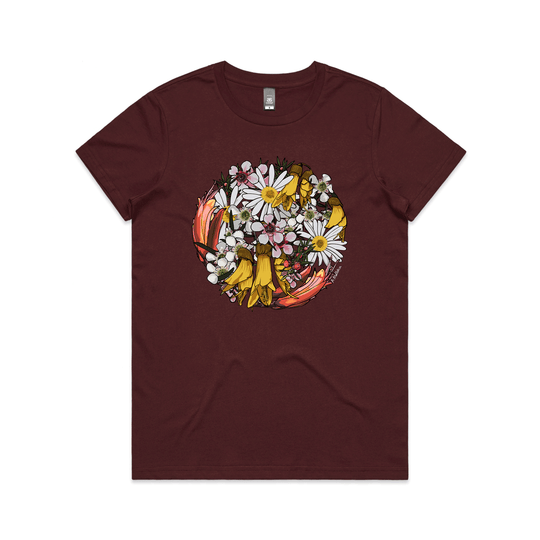 doodlewear My Sunshine flower print t shirt AS Colour Womens Maple burgundy by artist Anna Mollekin