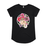 doodlewear Poppies by NZ Artist Clouds of Colour art print of beautiful watercolour colourful poppies with a circle behind it on an AS Colour black Mali Womens t shirt