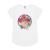 doodlewear Poppies by NZ Artist Clouds of Colour art print of beautiful watercolour colourful poppies with a circle behind it on an AS Colour White Mali Womens t shirt