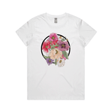doodlewear Poppies by NZ Artist Clouds of Colour art print of beautiful watercolour colourful poppies with a circle behind it on an AS Colour White Maple Womens t shirt