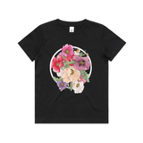doodlewear Poppies by NZ Artist Clouds of Colour art print of beautiful watercolour colourful poppies with a circle behind it on an AS Colour black kids youtht shirt