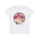 doodlewear Poppies by NZ Artist Clouds of Colour art print of beautiful watercolour colourful poppies with a circle behind it on an AS Colour White kids youtht shirt