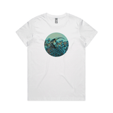 doodlewear Huia in Colour by New Zealand artist John Jepson circle art print of a Huia NZ native bird in Puriri flowers on AS Colour white maple Womens T Shirt 