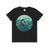 doodlewear Huia in Colour by New Zealand artist John Jepson circle art print of a Huia NZ native bird in Puriri flowers on AS Colour black kids youth T Shirt 