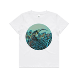 doodlewear Huia in Colour by New Zealand artist John Jepson circle art print of a Huia NZ native bird in Puriri flowers on AS Colour white kids youth T Shirt 