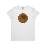 Karearea on Timber art print by New Zealand artist John Jepson of a circle Karearea New Zealand falcon on timber on an AS Colour white maple womens t shirt