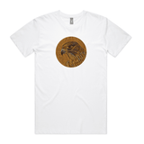 Karearea on Timber art print by New Zealand artist John Jepson of a circle Karearea New Zealand falcon on timber on an AS Colour white staple mens t shirt
