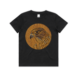 Karearea on Timber art print by New Zealand artist John Jepson of a circle Karearea New Zealand falcon on timber on an AS Colour black kids youth t shirt